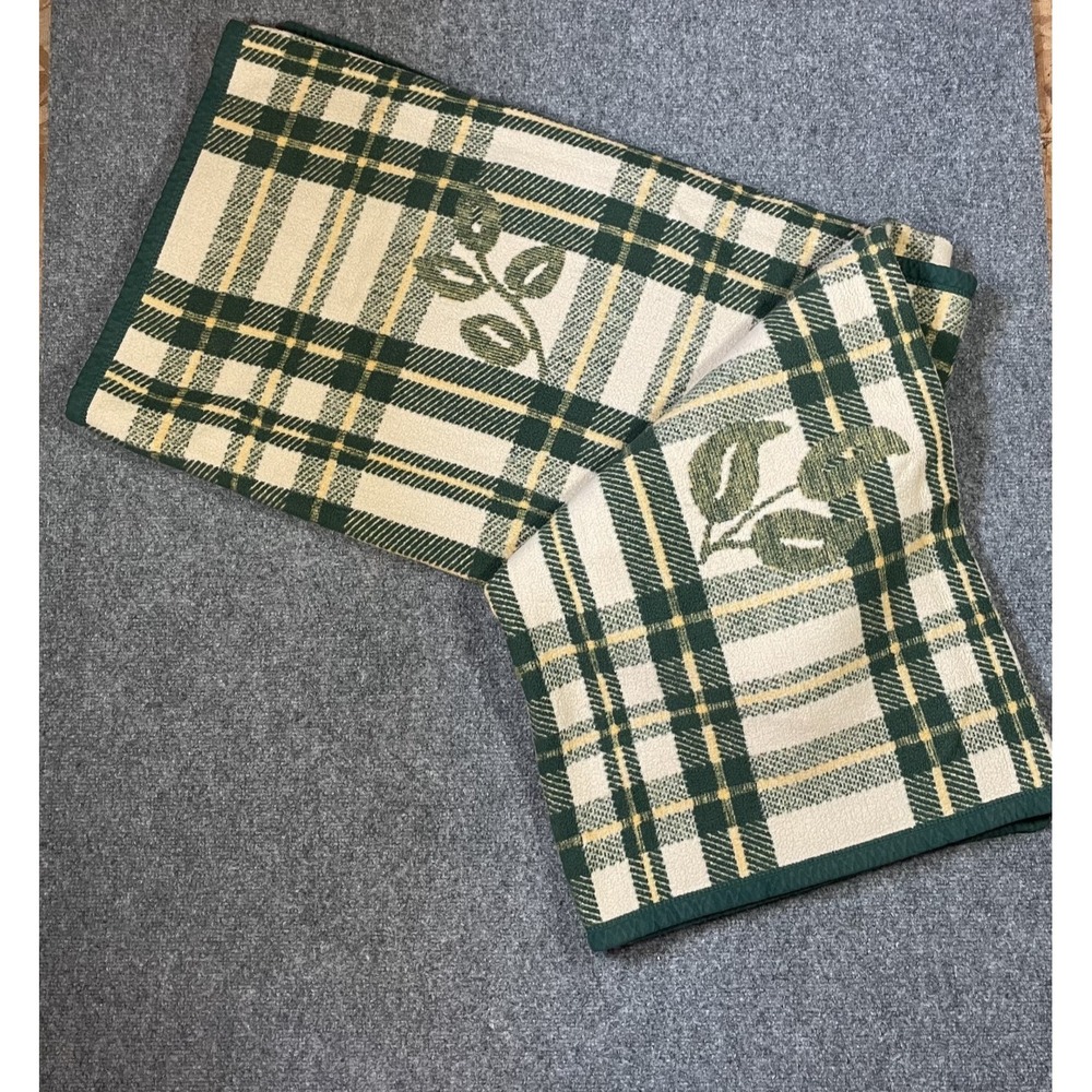 Vintage Biederlack Of America Plaid Botanical Blanket Green Yellow White 60"x70"